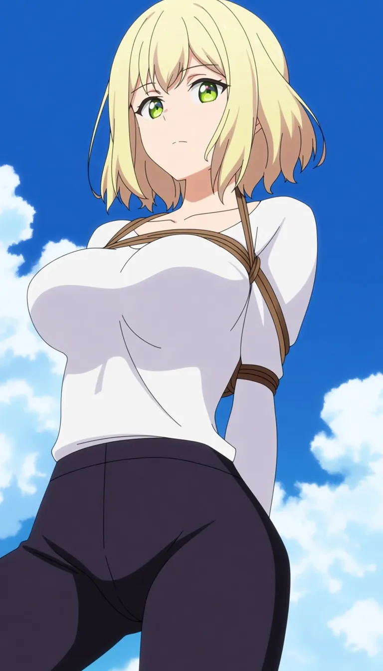 best quality, clean lines, succubus, collarbone, blonde hair, white shirt, bondage, cloud, highly detailed anime, (anime style:1.3), 2d, anime screencap, cel shading, flat color