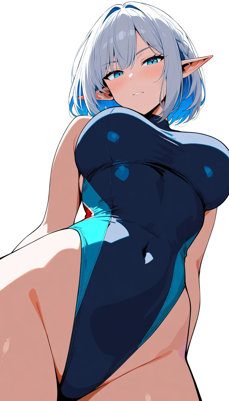 high detail, low angle, elf girl, deepthroat, groin, confident gaze,