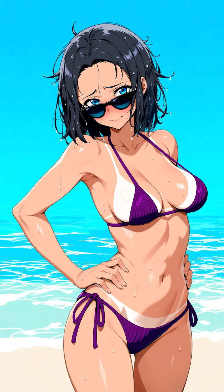 Sword art online artstyle, accurate anatomy, perfect anatomy, blue eyes, black hair, wet messy hair, medium bob hair, open forehead, black sunglasses, puffy lips, shy, embarrassed smile, naked, dark violet colored knit bikini, dark violet colored knit side tied thong, standing, sexy posing, knee-length view, on the beach, sea on background, medium breasts, ultraskinny body, light bikini tan lines, hentai_studio_quality
