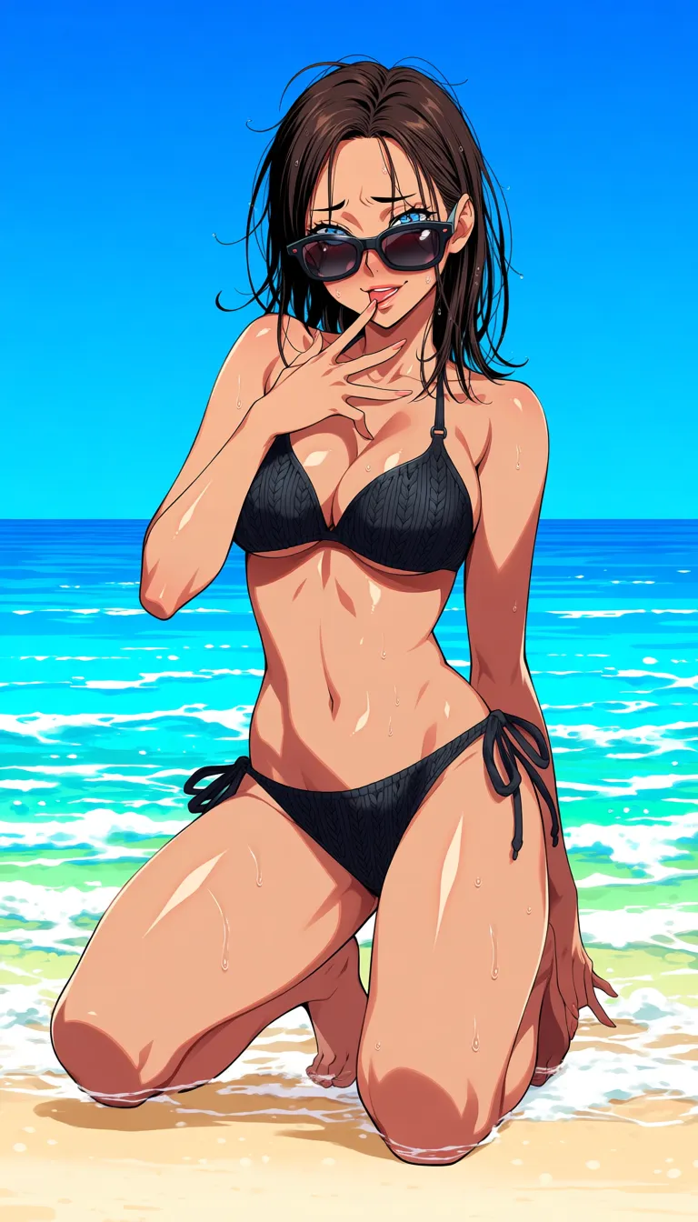 accurate anatomy, perfect anatomy, blue eyes, dark brown hair, wet messy hair, medium hair, open forehead, black sunglasses, puffy lips, shy, embarrassed smile, naked, black knit bikini, black knit side tied panties, sexy posing, on the beach, sea on background, medium breasts, ultraskinny body, shiny skin, kneeling, licking finger, hentai_studio_quality