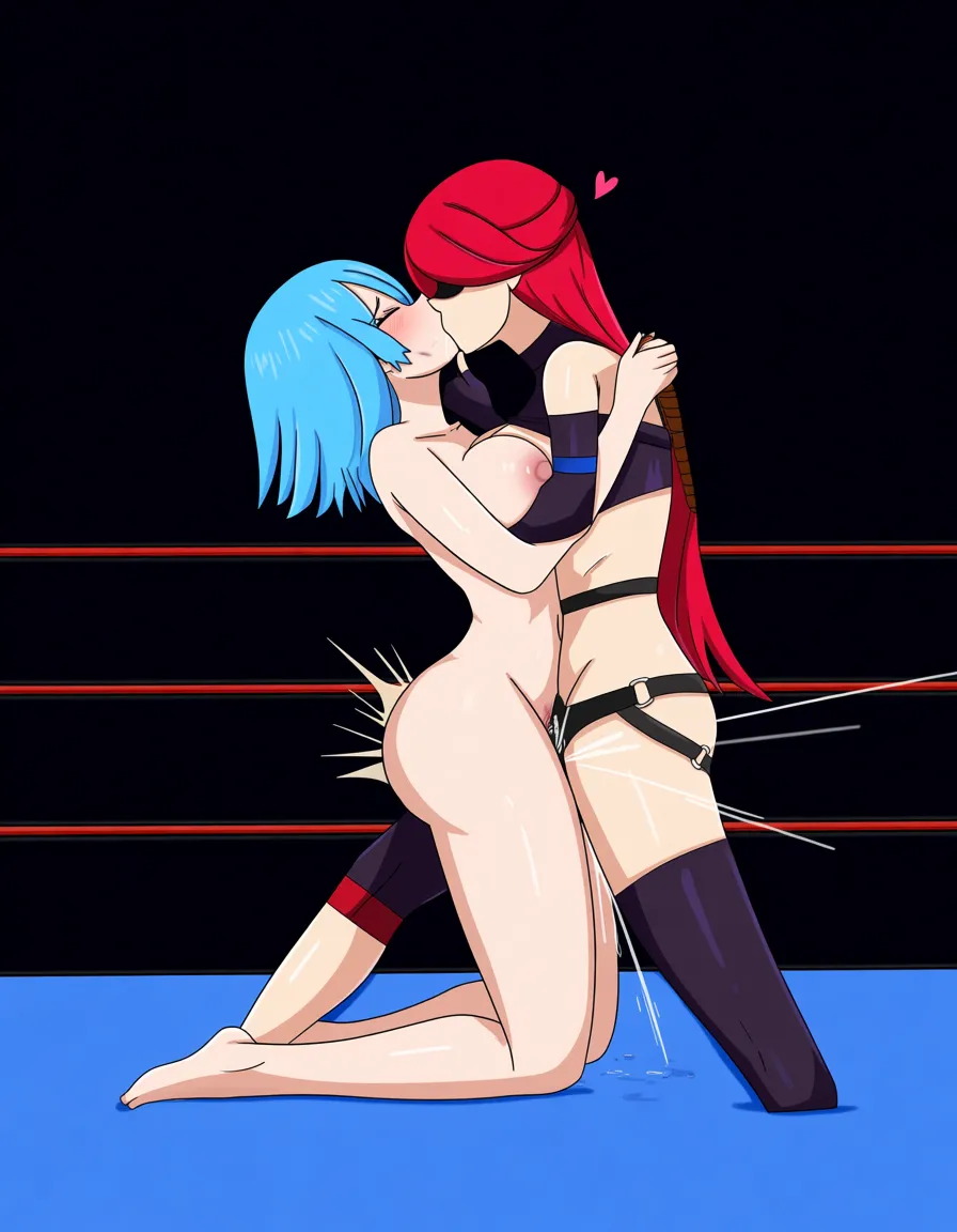 2girls , Best_quality, ultra_detailed, @ram_(re:zero)-blue_hair , @jessie_(pokemon)-red_hair , yuri sex ,wrestling_ring wrestling defeated, pussy_juice squirting orgasm , bruised , strap-on , vaginal on_floor ,nude scratches , smug confetti, from side, kiss shibari,,,,, hentai_studio_quality