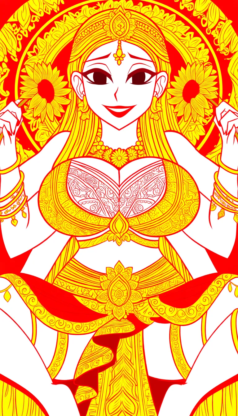 Maa Durga with multiple arms, Beautiful, ethnicity Hindu, Bengali, red lipstick, Accurate Anatomy, symmetrical body structure, Big chest, Thick thighs and arms, thick pelvis, tight fitting bra with intricate patterns and baggy mini skirt with curls and frills, skirt_lift , Adorned Heavily in Indian Ornaments, black eyes, POV Sex, Symmetrical Tight Straddling Position, Having sex with viewer, Pussy sex, big all around Mukut Crown, devine radiance, Calm and Graceful Expression, confident smile with hooded eyes, flowers around in Symmetrical order, holding flowers, floral necklace, semi realistic,