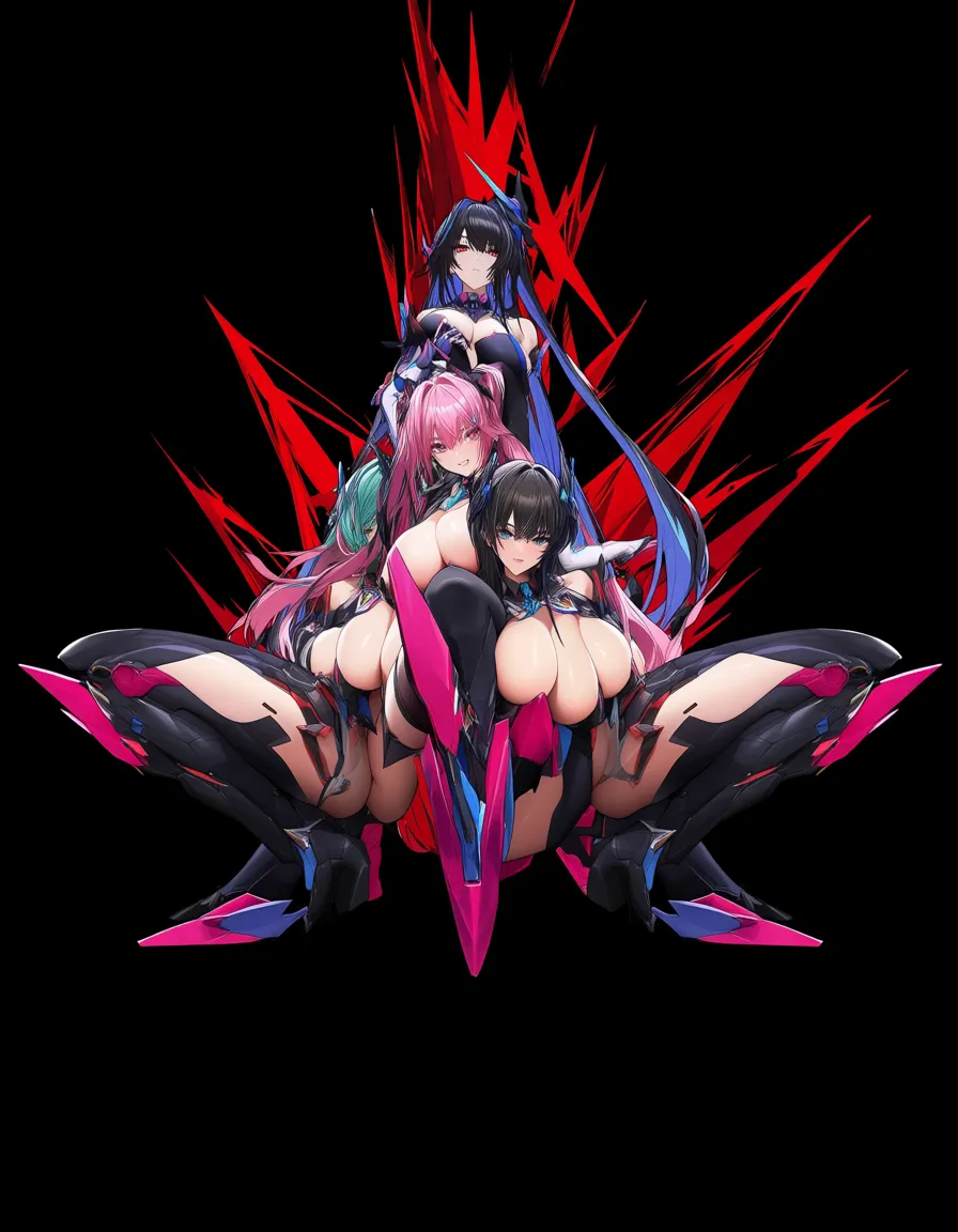 highly detailed, sharp, 5girls, spread legs, thighhighs, black hair, vivid anime colors, hentai_studio_quality