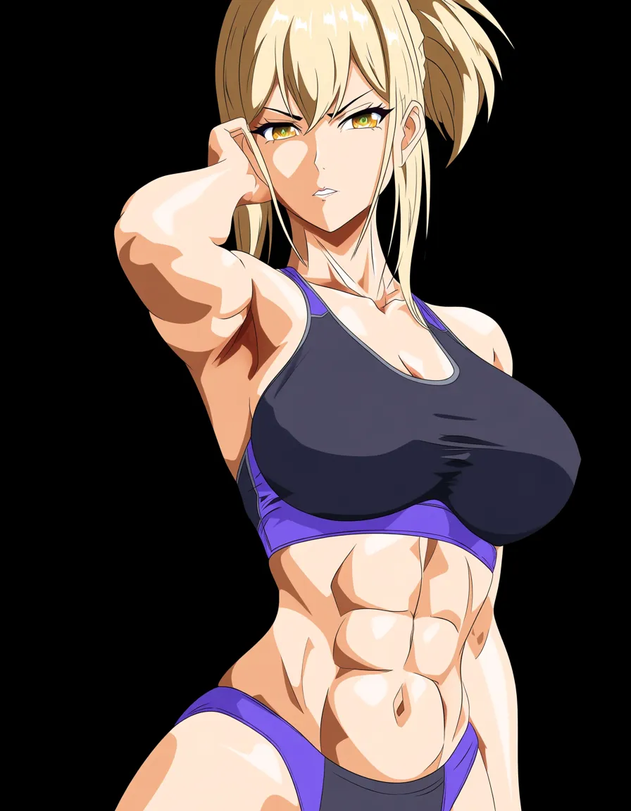 filthy gym slut, refined Japanese beauty with ponytail, blonde_hair, elegant aristocratic face, see through sports_bra, abs, gym background, (anime style:1.3), 2d, anime screencap, cel shading, flat color, @00osamio00