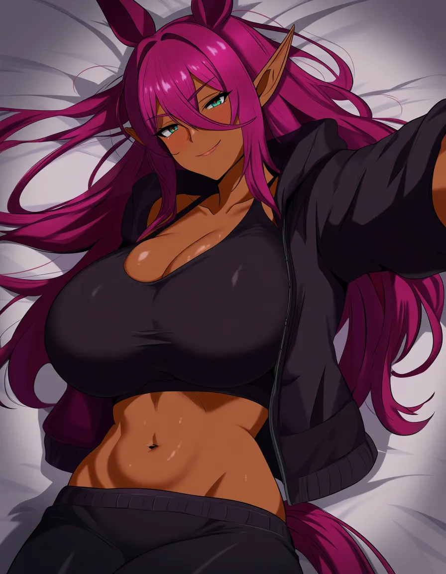 highres, vivid, elf girl, horse ears, jacket, presenting, bed, doujin style, hentai_studio_quality