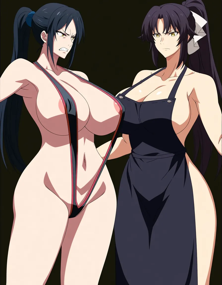 mature_female , slingshot_swimsuit, thick_thighs, huge_breasts, huge_ass, armpits bathroom, no_light, black_hair,
 hime_cut, parted_bangs, yellow_eyes, black_pupils, massive breasts, bimbo, hourglass figure. nipple_slip, angry, 2girls, girl_on_black_apron, apron_girl_smile, apron_girl_has_huge_breasts, apron_girl_on_ponytail, apron_girl_on_blunted_bangs, apron_girl_on_armpit_pose. But the hime-cut girl has a revealing sling-bikini with the ponytail-blunt-bangs apron-girl having her own apron. Different_clothing, same_chest_size, same_hourglass-body, (anime style:1.3), 2d, anime screencap, cel shading, flat color