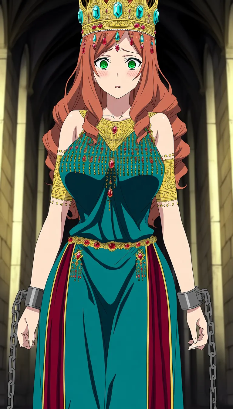 Very curvy, large breasted, wide hip young woman with long curly copper-red hair and vivid green eyes, standing in a medieval stone hall with tall arches. She wears a teal silk gown with gold embroidery covered in tiny gemstones, gemstone inlays, layered teal and deep red fabrics that show off too much skin. ornate gold arm cuffs, and lavish jewelry. An elaborate golden crown adorned with turquoise and ruby gemstones rests on her head. Her wrists are bound with iron shackles and chains, held low at her sides. Very scared, vulnerable expression with slightly parted lips and flushed cheeks. Soft dramatic lighting, shallow depth of field, cinematic atmosphere