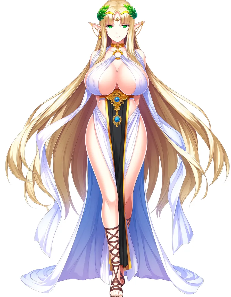 best quality, explicit detail,
Celestine Lucross. A High Elf whose beauty hypnotized everyone who saw her, a vision that blended the sacred and the sensual. Her skin was white and looked as though it had never once been marred; her long, golden hair was silky and fell like a golden cascade down to her thighs; her eyes were green and carried an unmatched serenity and sweetness, conveying a divine dignity. Her ears were long and pointed, adorned with delicate gold earrings, framing a face of perfect features, crowned by a laurel-leaf tiara and a delicate golden ornament resting on her forehead.
She wore a light, white Hellenic dress, fastened around the neck with golden rings. The garment's neckline left her full, voluptuous breasts almost entirely exposed, held up only by the tension of the fabric. The cloth split into slits at the hips, revealing her long legs and leaving her midriff bare, while long stoles floated around her like ethereal wings. A black vertical band ran down the middle of her body, ending in a lavish golden brooch set with a blue jewel that rested against her thighs. On her feet were thin leather-strap sandals that wound up in intricate lacing to her calves., anime art style, full_body,, hentai_studio_quality
