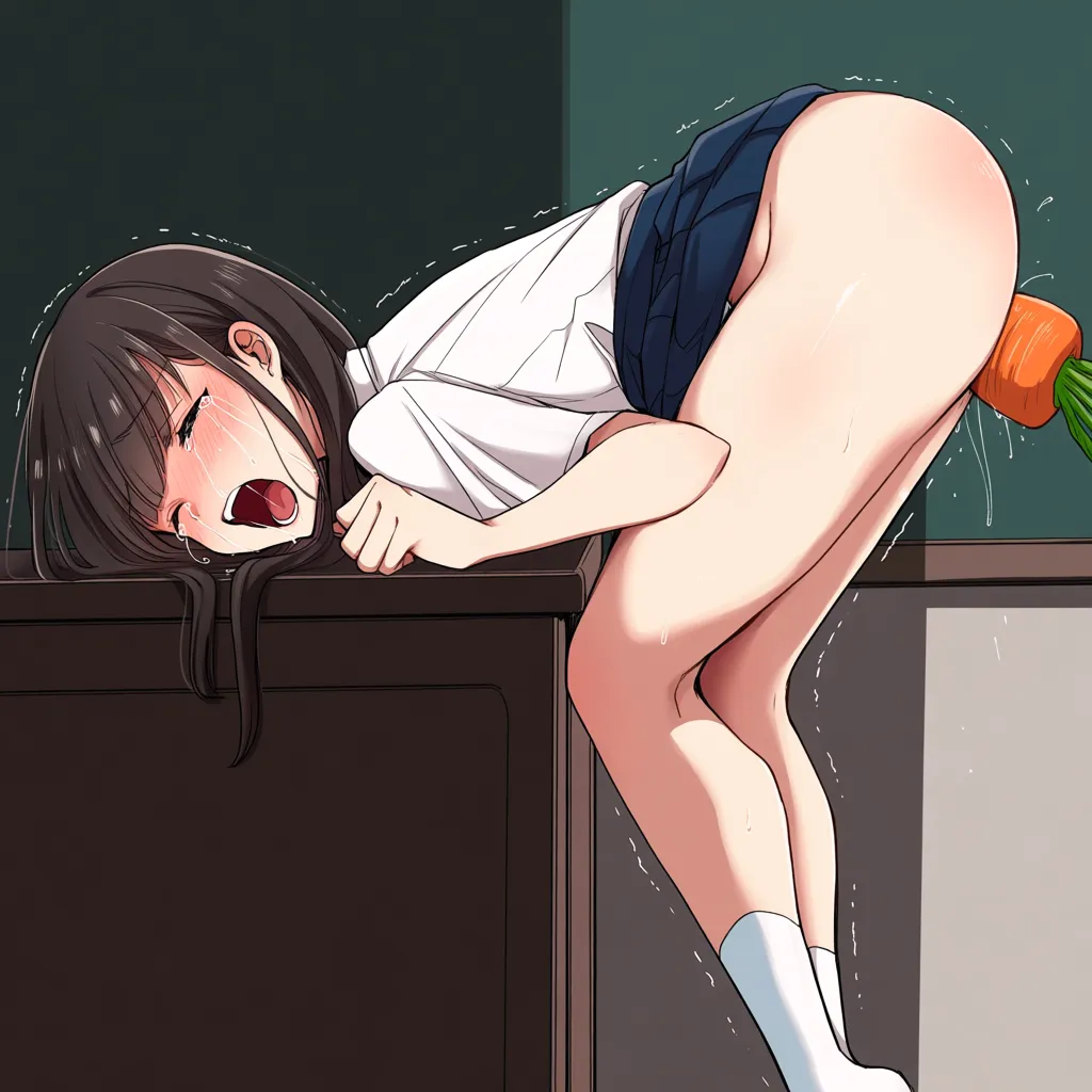 1girl, from_side petite looking_back bent_over school_desk, school_uniform, vaginal_object_insertion carrot, tears orgasm screaming, school_bag classroom school interior, @sakuragi_mano, masterpiece (high quality professional realistic anime), hentai_studio_quality, hentai_studio_quality