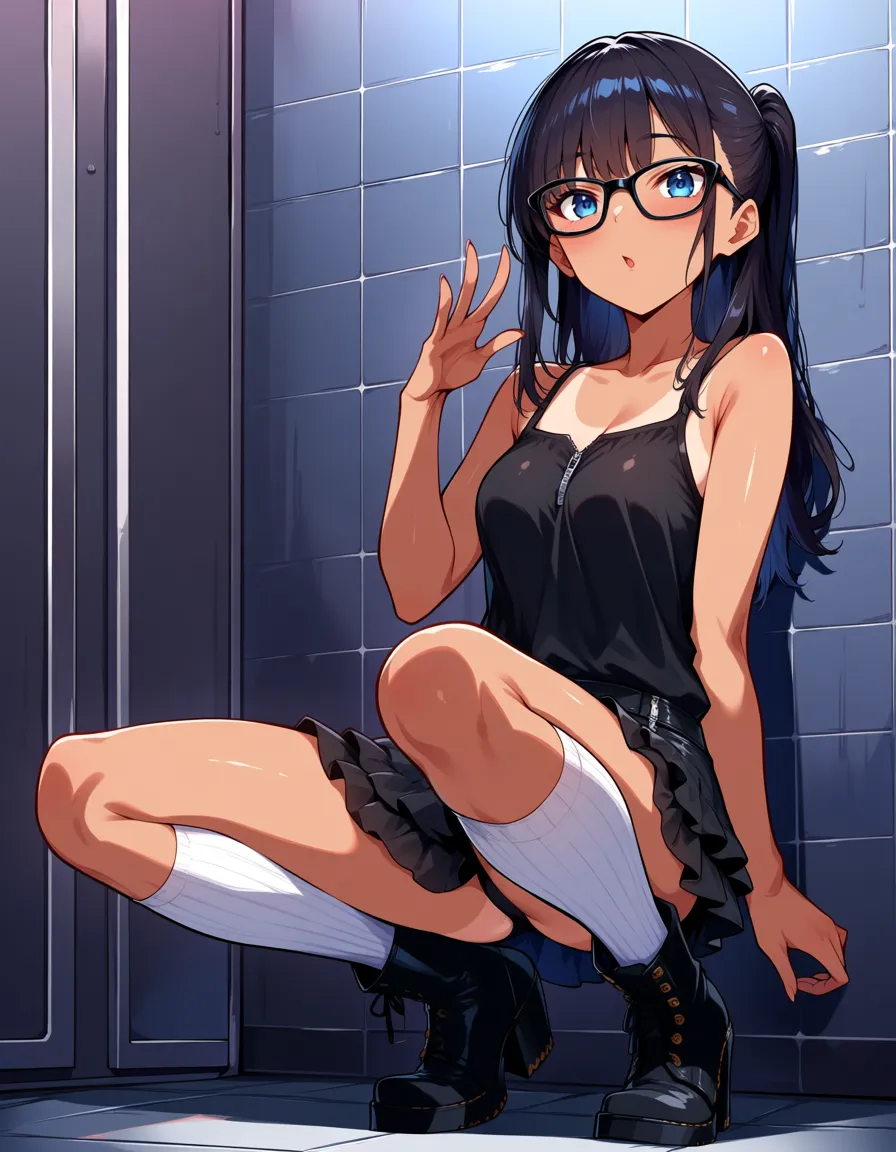 highres, vivid, masterpiece, high_ponytail, dark_hair, skinny, tan, black glasses, smaller breasts, black sleeveless blouse, black knee boots with white kneehigh 
socks, black ruffled miniskirt, fellatio BREAK bathroom, hentai_studio_quality, hentai_studio_quality