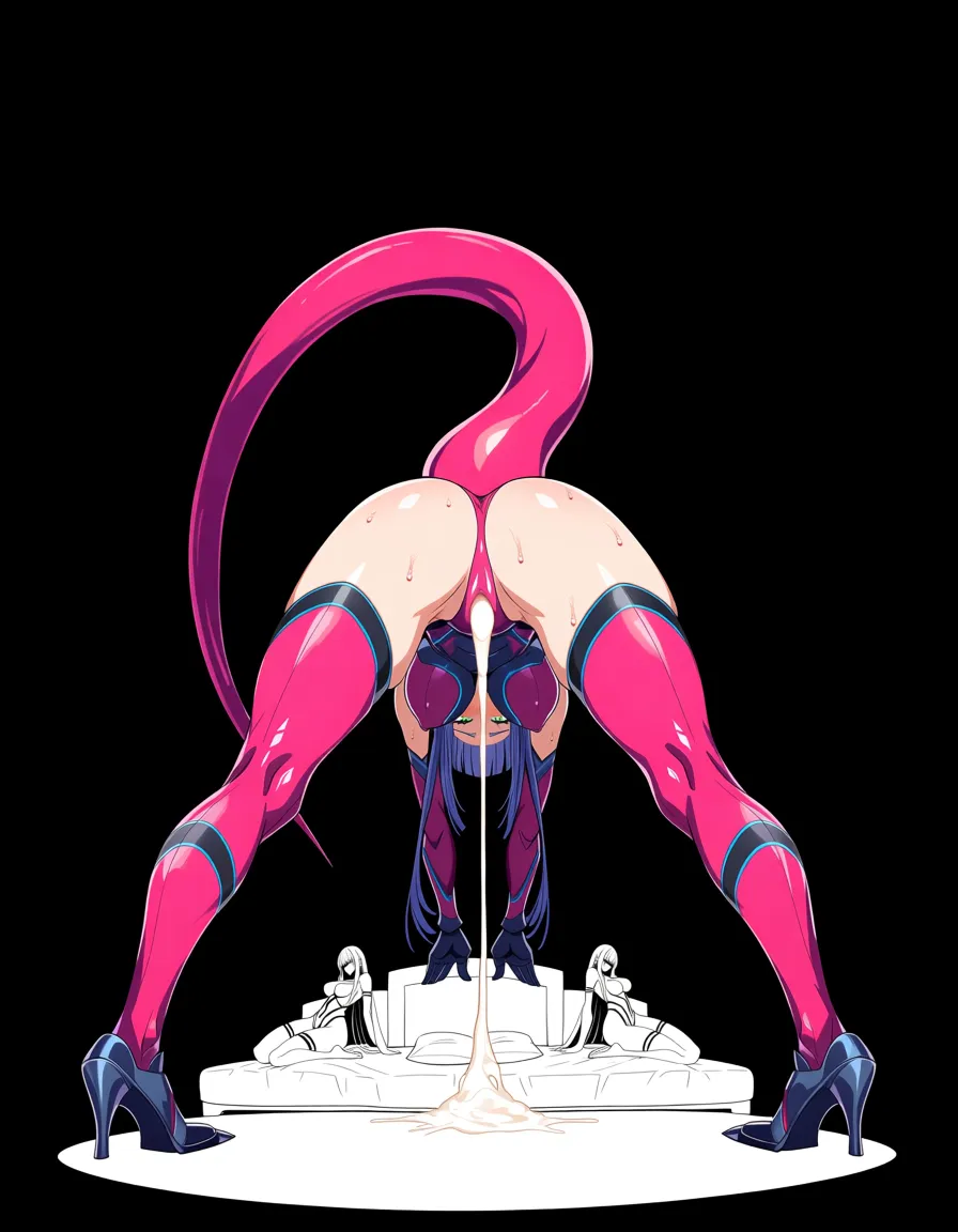 highly detailed, sharp, solo focus, bent over, scar, black background, eroge aesthetic ultra detailed, 3girls, tail, spread legs, full body, vivid anime colors highres, vivid, kneeling on bed, ass, blunt bangs, white background, detailed shading cum_in_pussy cumdrip 3girls leg_up legs_apart, hentai_studio_quality