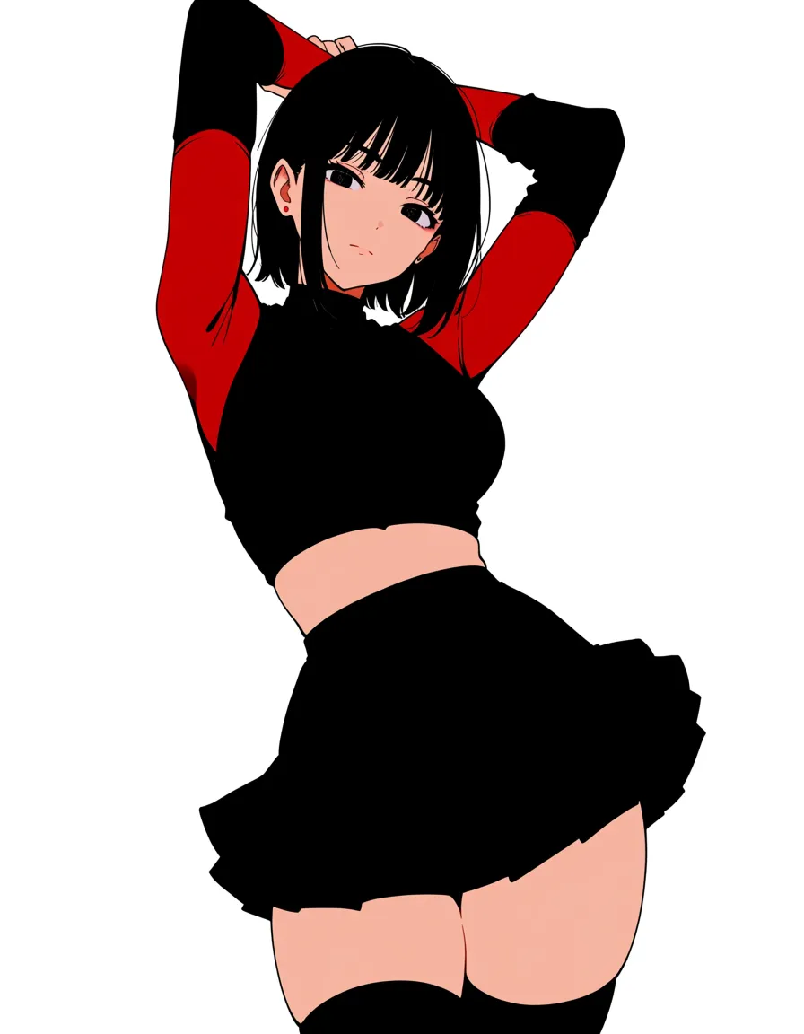 skirt, black_hair, thighhighs, solo female, futanari, arms up, simple background, 8k uhd photo, hentai_studio_quality