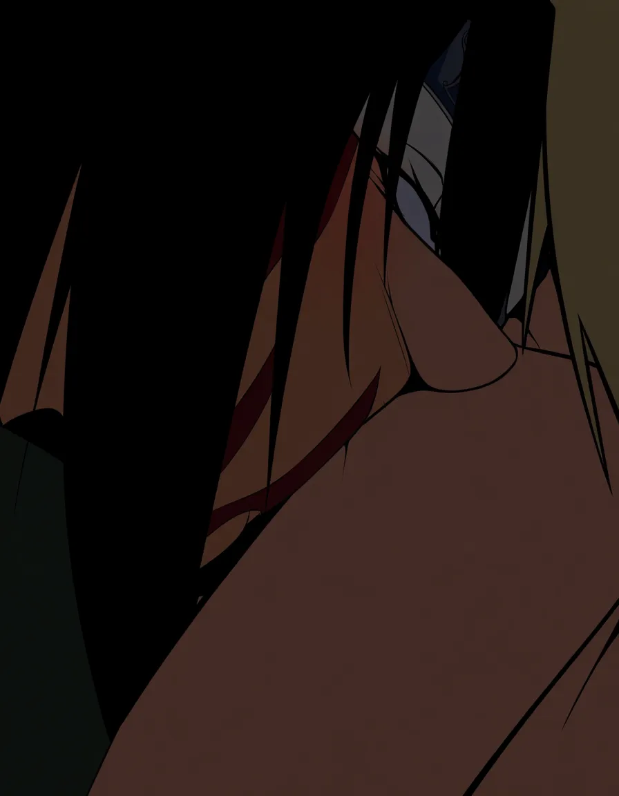 @uzumaki_naruto ( sexy jutsu ) , Itachi Uchiha (From Naruto), nude, missionary, over_shoulder, kiss, heart-shaped_pupils, bedroom,, (anime style:1.3), 2d, anime screencap, cel shading, flat color