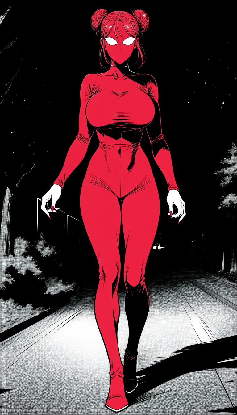 ultra detailed, redhead woman, walking toward camera, tentacle, fingernails, double bun, tree, eroge aesthetic, bouncing_breasts