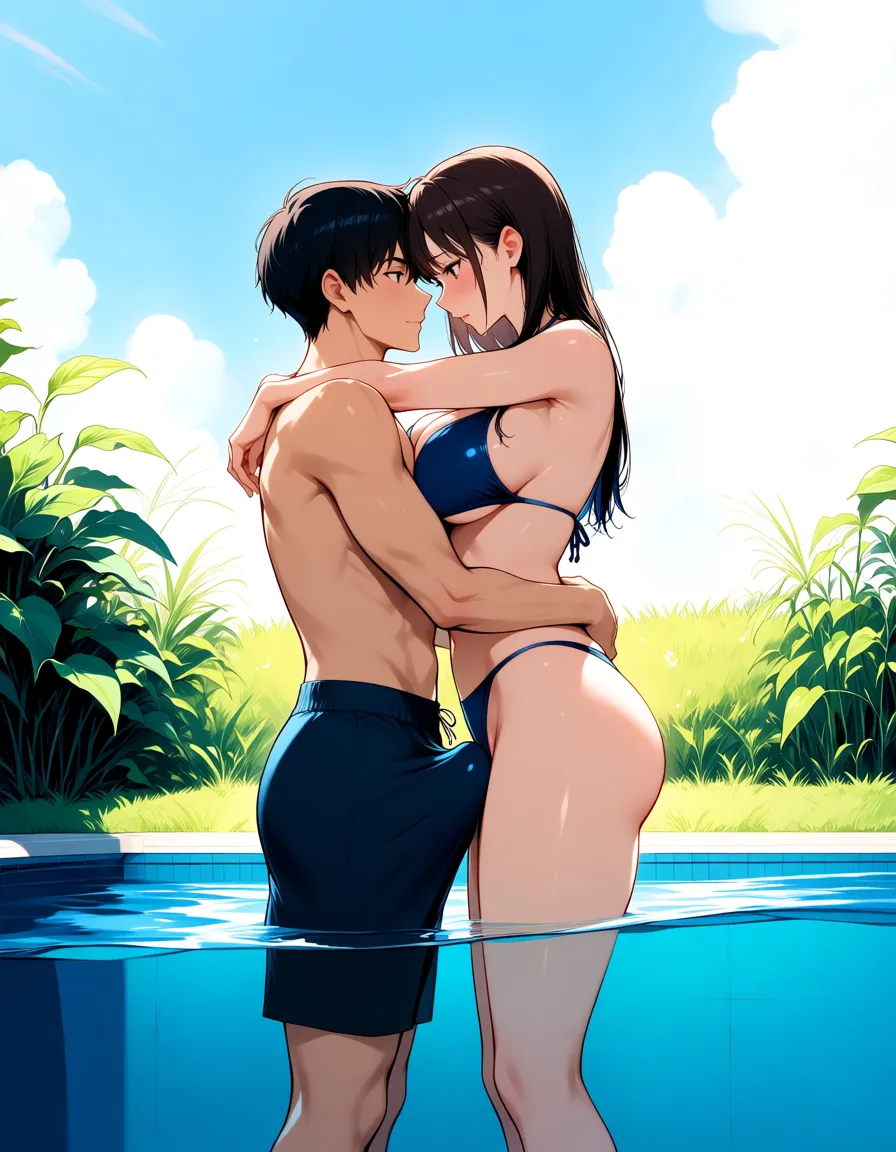 Anime style, detailed manga illustration, high quality, beautiful lighting. A young adult anime couple standing closely in a backyard swimming pool. The boy is a handsome young man with short dark hair, athletic build, wearing swim trunks. The girl is a beautiful young woman with long hair, wearing a bikini. They are standing in the shallow end of the pool, water up to their waists. The boy is hugging her tightly against his chest from the front, arms wrapped around her. Because he is pressed so close, the large prominent bulge of his fully erect penis inside his swim trunks is pressing firmly against her pussy through the thin fabric of her bikini bottom. The outline of his hard cock is clearly visible stretching the fabric of his trunks as it rubs against her. Lush green plants and grass around the pool edge, bright blue sky with soft white fluffy clouds in the background, soft natural sunlight, detailed water reflections, romantic and intimate atmosphere, cinematic composition, sharp details., hentai_studio_quality