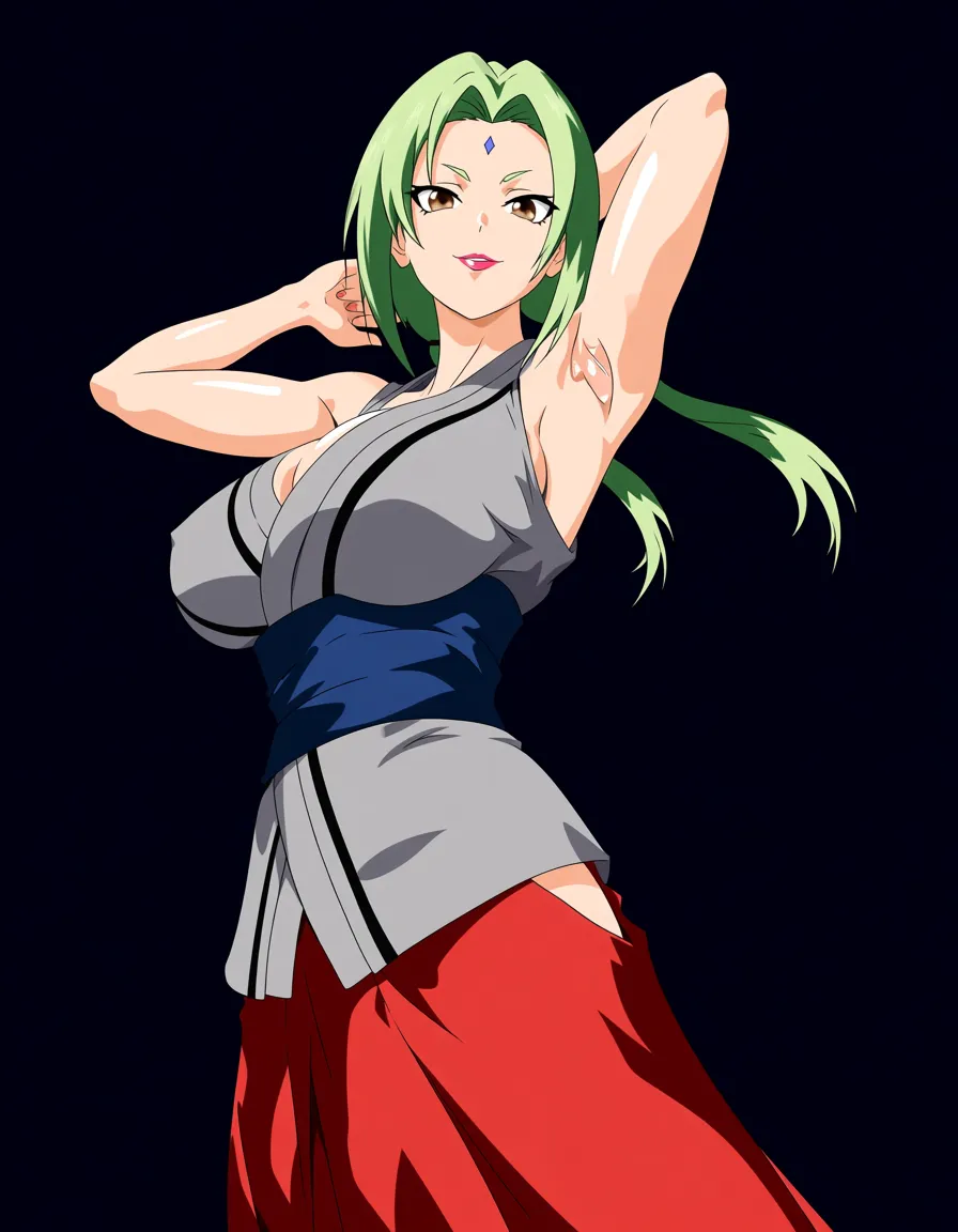 tsunade show her armpits, (anime style:1.3), 2d, anime screencap, cel shading, flat color, @00osamio00
