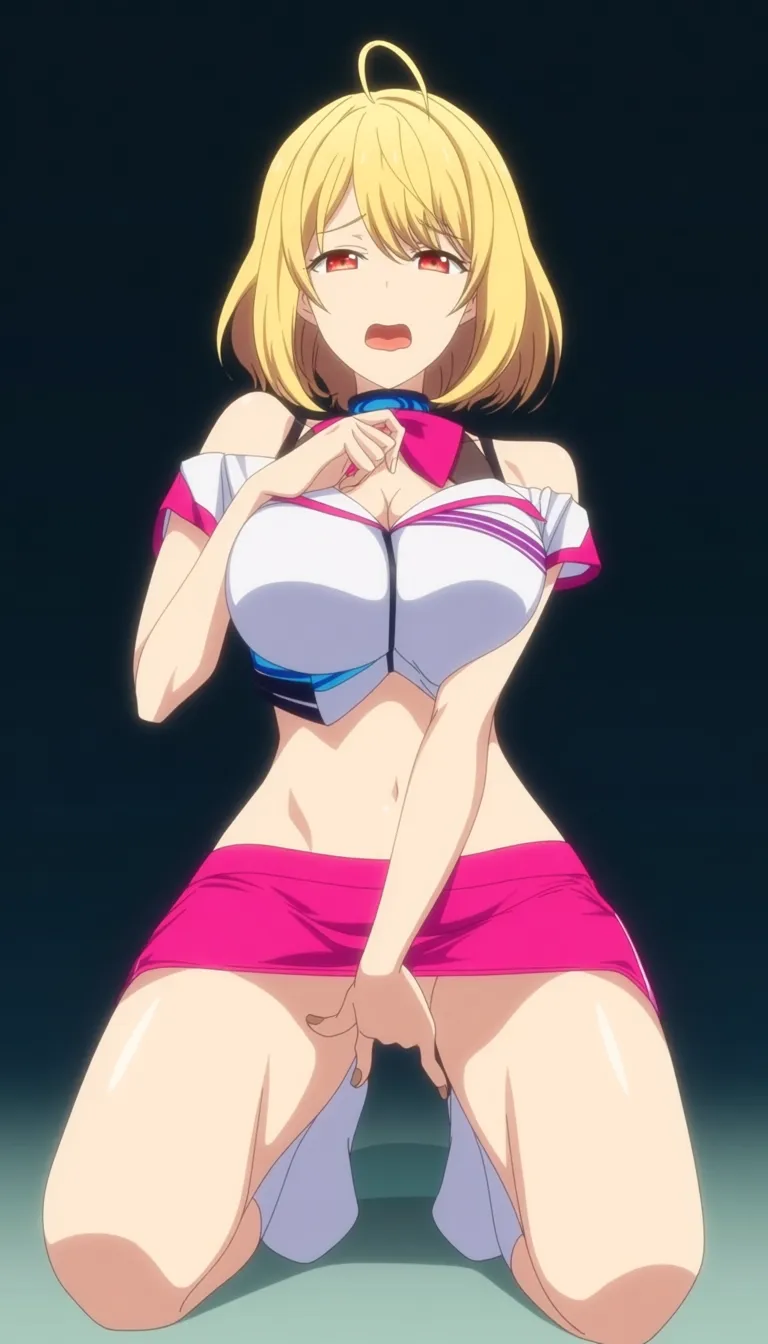 best quality, polished, light-skinned female, short pink skirt , fingering her self, blonde , kneeling , see-through_bra , large_breasts , blowjob, (anime style:1.3), 2d, anime screencap, cel shading, flat color