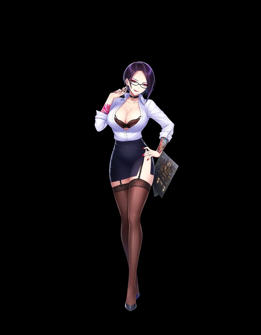 pencil skirt, blouse unbuttoned, lace bra, stockings, garter belt, glasses, corner office at night, city lights, pale skin, dark makeup, choker, tattoos, seductive_smile, half-closed_eyes, bedroom_eyes, lustful_gaze, biting_lower_lip, looking at viewer, anime_aesthetic, anime_style, vibrant_colors, masterpiece, best_quality, extremely_detailed, high_quality, cinematic_lighting, detailed_face, beautiful_eyes, hentai_studio_quality