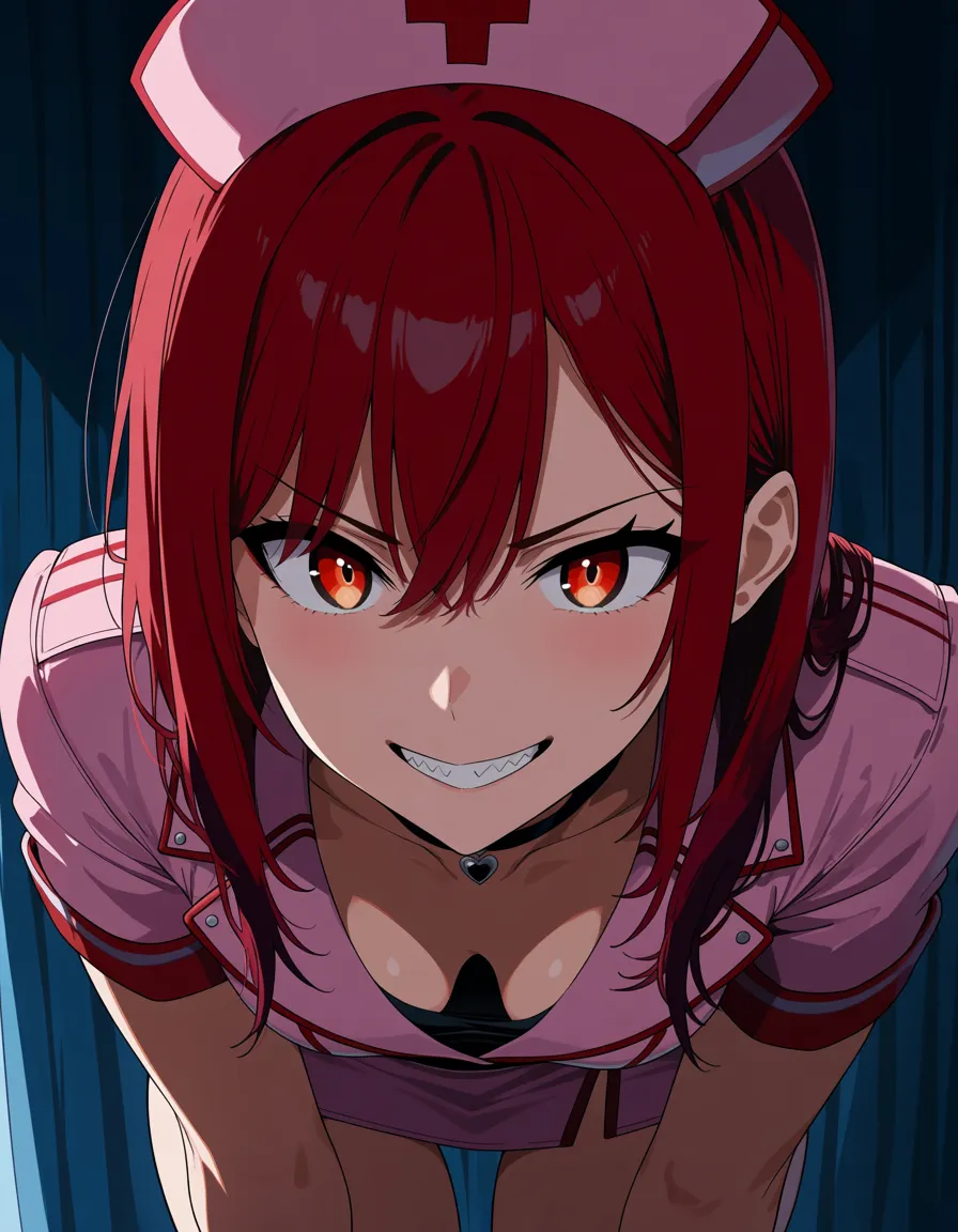 sharp focus, 8k uhd, nurse, red hair, choker, bent over, natural skin texture, hentai_studio_quality