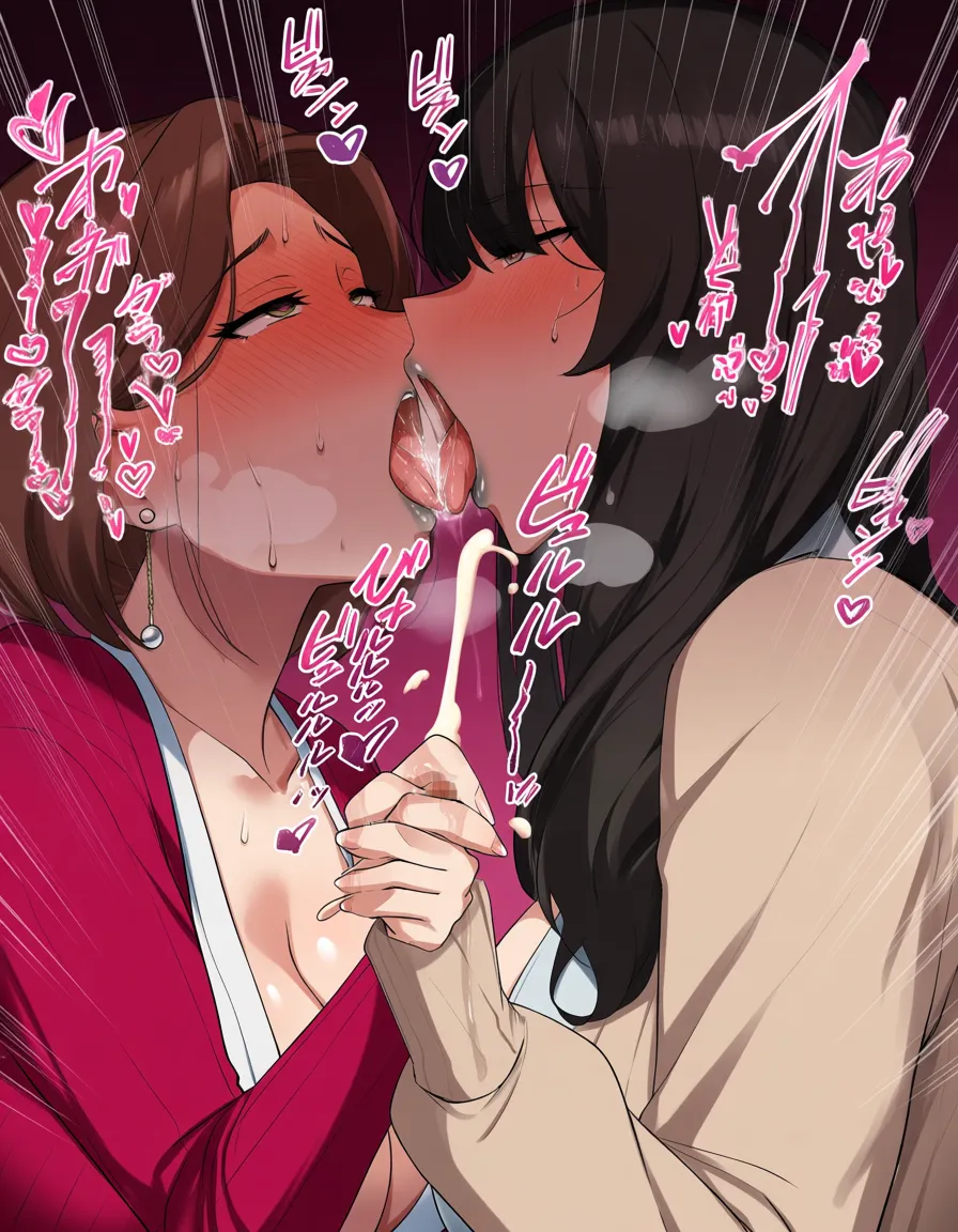 Masterpiece, mature_female, futa_with_female, oily handjob, french_kiss, age_difference, orgasm, cum, sweat, sweatdrop, hentai_studio_quality