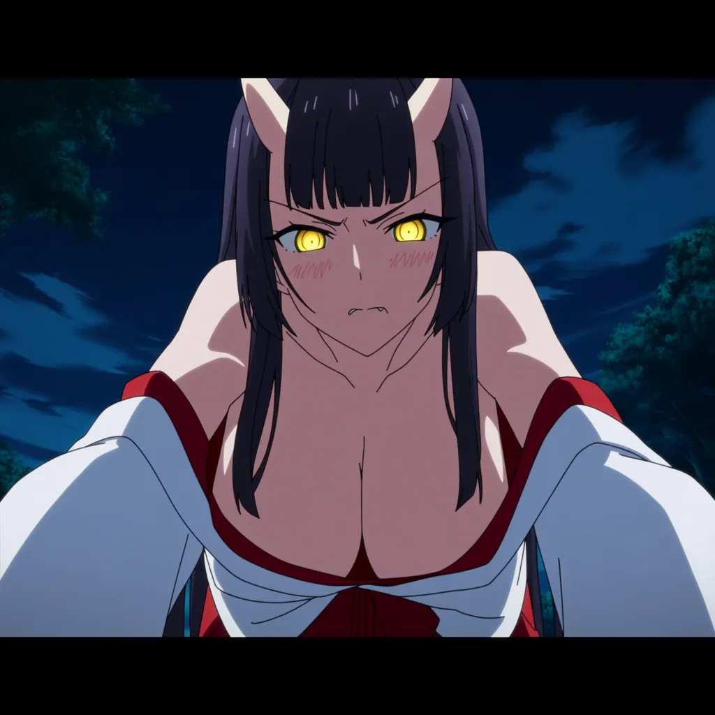ultra detailed, sex_from_behind, hime_cut, black_hair, blush, angry, large_breasts, outdoors, oni, yellow_eyes, hentai_studio_quality, all_fours, miko, doggystyle, (anime style:1.3), 2d, anime screencap, cel shading, flat color
