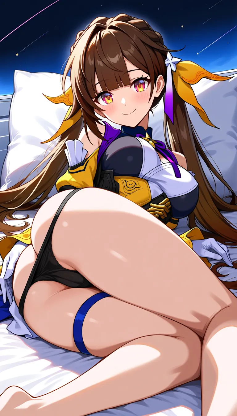Masterpiece, honkai star rail, 1girl, Sushang, Easy going smile, medium breasts, beside ass, thighs together, medium butt, lying on bed, Sideway pose, medium thighs, outfit, looking at viewer,  panties down, Pussy , Space ship corridor.,,, value:0.1 for: hentai_studio_quality.,,,, hentai_studio_quality, hentai_studio_quality, hentai_studio_quality, hentai_studio_quality, hentai_studio_quality, hentai_studio_quality, hentai_studio_quality