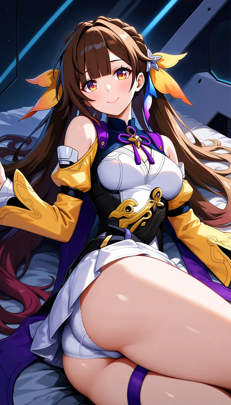 Masterpiece, honkai star rail, 1girl, Sushang, Easy going smile, medium breasts, beside ass, thighs together, medium butt, lying on bed, Sideway pose, medium thighs, outfit, looking at viewer, panties down, Pussy lips visible, Space ship corridor.,,, value:0.1 for: hentai_studio_quality.,,,, hentai_studio_quality, hentai_studio_quality, hentai_studio_quality, hentai_studio_quality, hentai_studio_quality, hentai_studio_quality, hentai_studio_quality, hentai_studio_quality