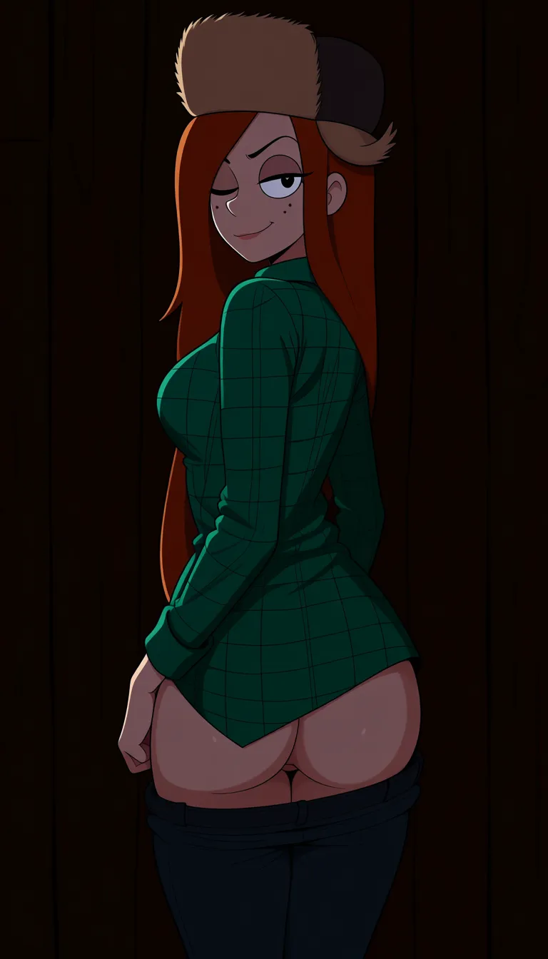text should be invisible do it ... , /Masterpiece, 1 girl, Wendy Corduroy from Gravity Falls, winking, dry smile, pussy lips, from behind, natural perky medium breasts, outfit visible, heart eye visible, standing, no patrion, patrion not visible, thighs together, jeans down, panties dopwn, wood shop background, in shop, no freckles on view, brown-and-gray trapper lumberjack hat, An awesome unbuttoned emerald-green plaid shirt, look at viewer., hentai_studio_quality  disabled.  below prompt box taking is disabled. ;,, hentai_studio_quality, hentai_studio_quality, hentai_studio_quality, hentai_studio_quality, hentai_studio_quality, hentai_studio_quality, hentai_studio_quality, hentai_studio_quality, hentai_studio_quality, hentai_studio_quality, hentai_studio_quality, hentai_studio_quality, hentai_studio_quality, hentai_studio_quality, hentai_studio_quality, hentai_studio_quality, hentai_studio_quality, hentai_studio_quality, hentai_studio_quality, hentai_studio_quality, hentai_studio_quality, hentai_studio_quality