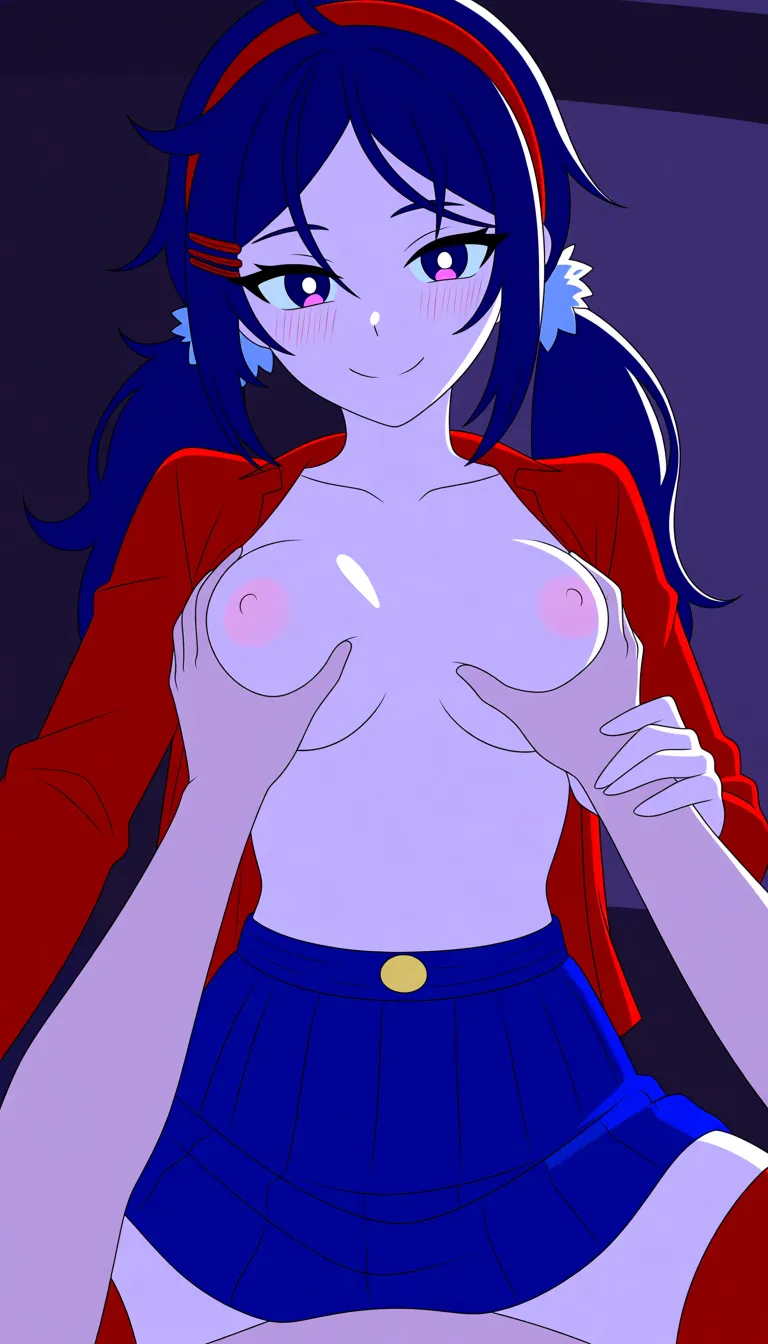 Crazy Mita from Miside riding in cowgirl position, slowly bouncing up and down, my hands grabbing and squeezing her breasts, both hands on her medium breasts, red shirt open, blue skirt lifted, red thighhighs, creampie, loving smile, blush, looking at viewer, soft lighting, on bed, intimate, pov /masterpiece  /best_quality