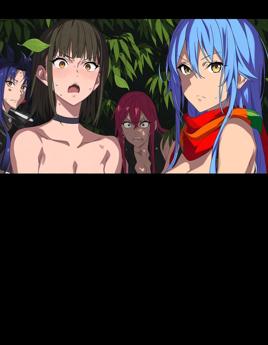 highly detailed, sharp, 4girls, sweat, topless, scarf, blue hair, leaf, visual novel art, (anime style:1.3), 2d, anime screencap, cel shading, flat color