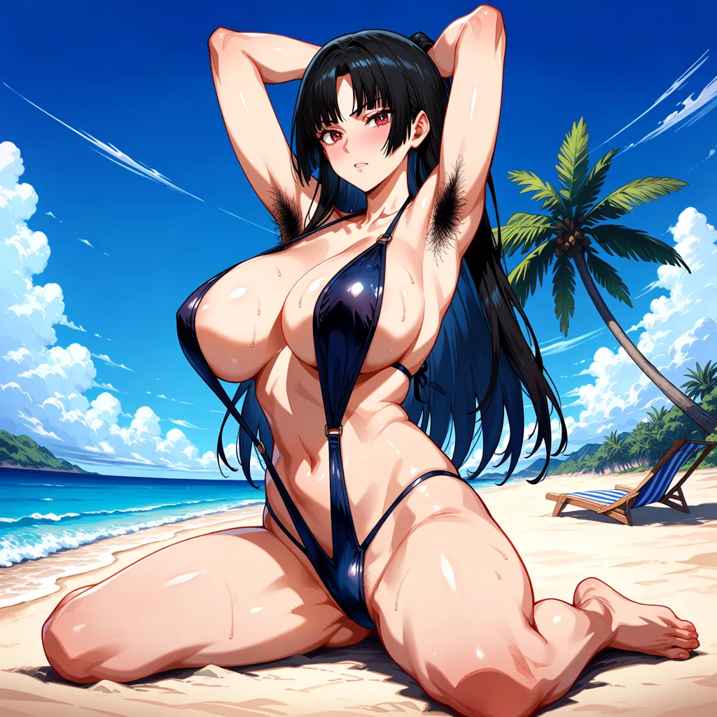 highly detailed Ilustration, detailed, best quality, high detail, intricate details, Original Anime Style, Tsukatsuki Rio, Halo, V-Slingshot Bikini, Beach, Sitting, Show Armpit, Hairy Armpits, Ideal body, Big Breasts, hentai_studio_quality