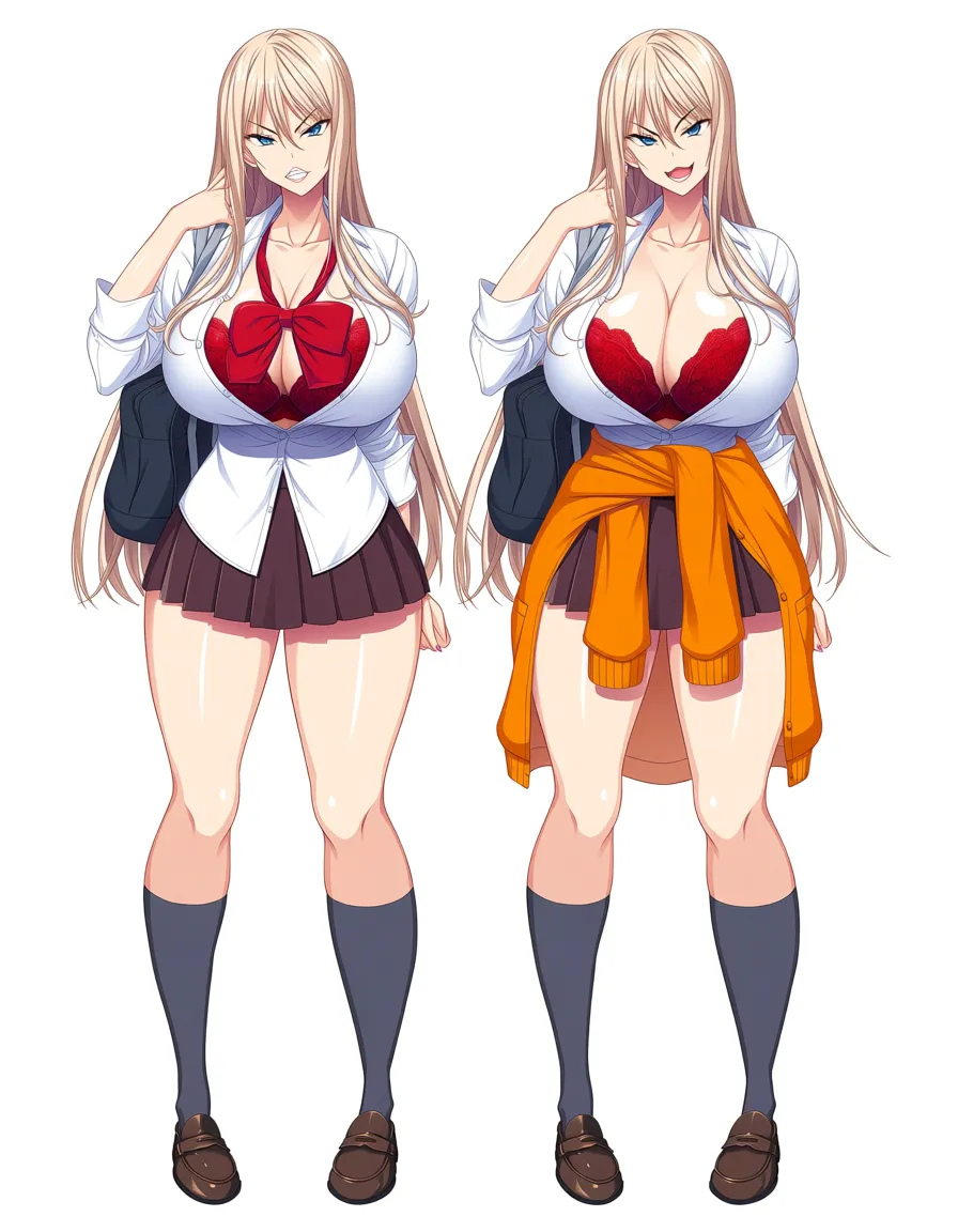 Full-body anime illustration of Reina Kurashiki from Aiue Oka’s Saimin Seishidou, extremely faithful to the official art style and the provided reference images. Long silky pure honey-blonde hair with a clear side part, no bangs, hair flowing straight down past the waist with soft strands framing the face. Sharp expressive blue eyes with a slightly bitchy, arrogant, appraising look, polished gyaru face, glossy lips, fair smooth skin. Extremely voluptuous hourglass body (heavy full breasts matching the 95 cm reference, narrow waist, wide hips). Exact college uniform from the references: white long-sleeved blouse worn open and unbuttoned to reveal large breasts and red lace bra, large red ribbon bow at the chest, very short dark brown pleated mini skirt, orange cardigan tied around the waist, dark grey knee-high socks, brown loafers, dark brown school shoulder bag. Confident standing pose with one hand near her face, slightly teasing superior expression. High-quality detailed Aiue Oka style — soft shading, glossy skin highlights, accurate proportions, clean linework, full body, simple light background., hentai_studio_quality