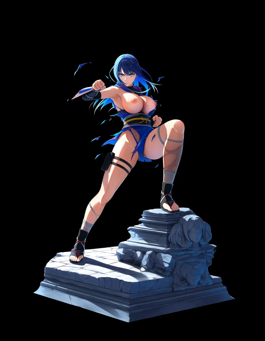 dynamic anime battle statue, @hyuuga_hinata in an action stance with her ninja outfit, one knee down on a broken stone base, torn fabric, battle-damaged outfit, intense gaze, cinematic side-lighting, detailed cloth physics, collectible figure sculpt, ZBrush render , nipples , large_areolae, seed 365477777547, hentai_studio_quality