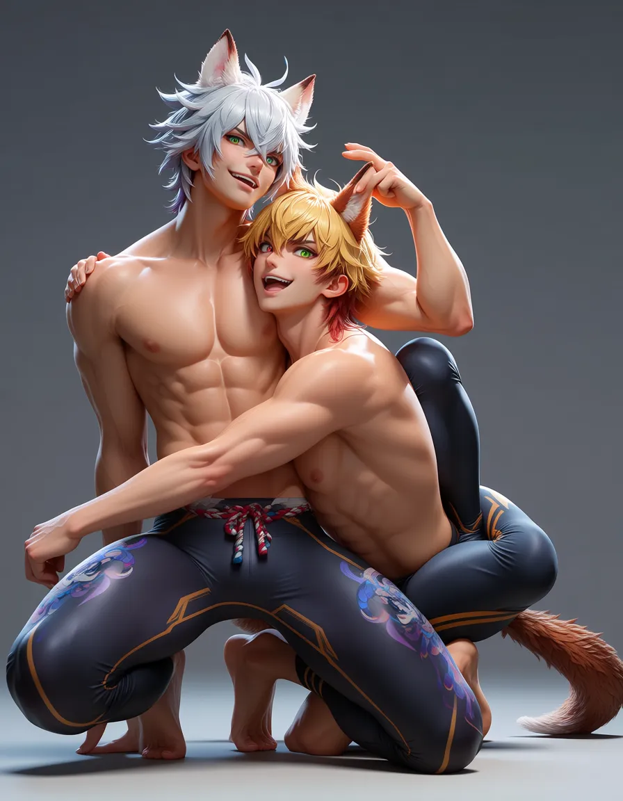 masterpiece, clean art, 2boys, tail, topless, playful expression, anime style, score_9, score_8, 3d render, octane render, subsurface scattering, ray tracing, smooth shading