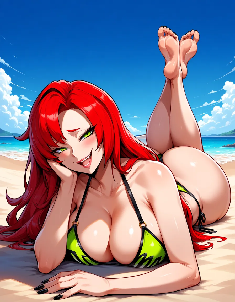 Masterpiece, Nicole Demara, voluptous curvy body, lying_on_stomach with feet crossed upwards, bikini, beach, sultry naughty smile, dominant seductive pose, black polished nails, hentai_studio_quality, devious evil_smile, hentai_studio_quality