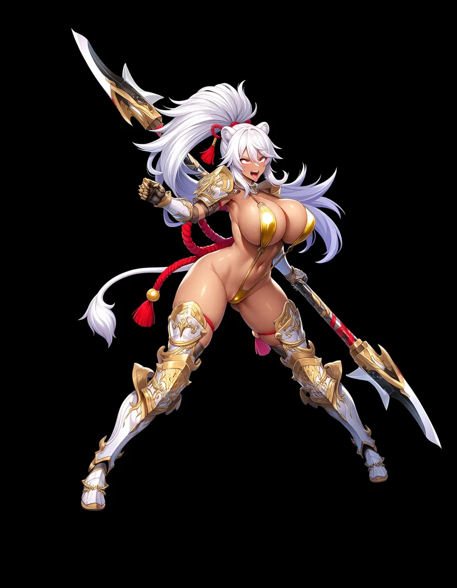 bind ,masturbation ,ahegao ,futanari  ,big penis ,cumshot ,hand free , Masterpiece, detailed anime illustration, 1girl, voluptuous, dark skin, red eyes, white hair, silver hair, long hair, huge high ponytail, lion tail. Wearing gold metallic slingshot_swimsuit , detailed gold and white armor on shoulders and legs, intricate armor plates, red tassels, shimenawa rope accents. Holding a large fantasy polearm, combat pose, action stance, dynamic pose. Dark beach background, shadows, cinematic lighting, epic fantasy art style., hentai_studio_quality