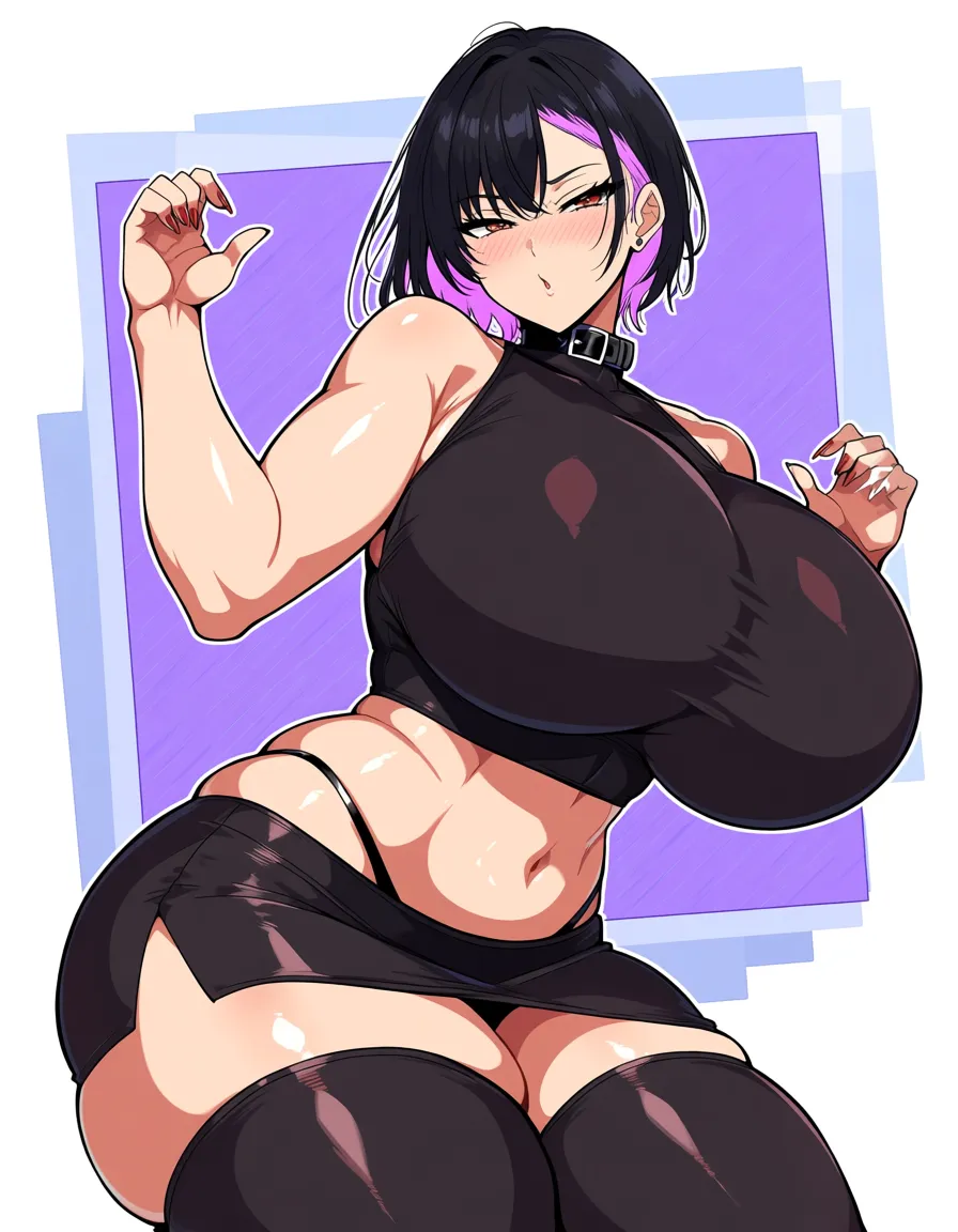 Fit girl with alternate hair length, two-tone hair, huge breasts and thick thighs wearing a tight crop-top, a miniskirt, thigh highs, and a collar posing erotically, hentai_studio_quality