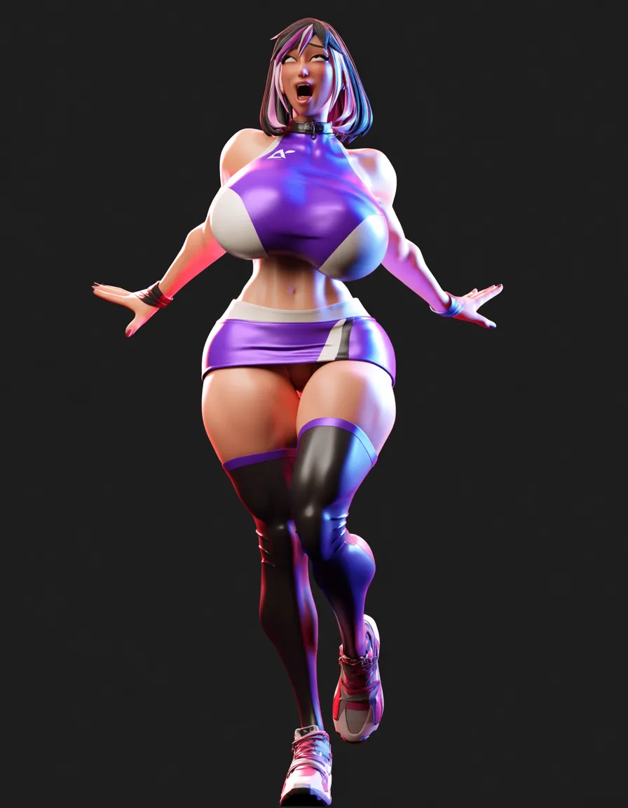 Fit girl with medium length hair, two-tone hair, huge breasts and thick thighs wearing a tight crop-top, a micro-skirt, thigh highs, and a collar on knees, making ahegao face, score_9, score_8, 3d render, octane render, subsurface scattering, ray tracing, smooth shading