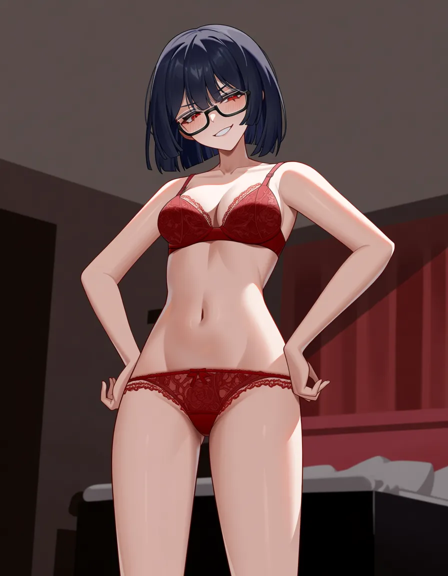 @xiangling_(genshin_impact), glasses, standing in bedroom, /hentai_studio_quality, smug, small_breasts, red lingerie, red_eyes, dark black_hair, hentai_studio_quality, looking_down at viewer, from_below, hentai_studio_quality
