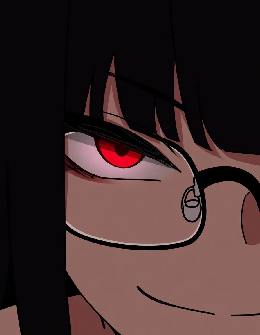 @xiangling_(genshin_impact), glasses, standing in bedroom, /hentai_studio_quality, small_breasts, red_eyes, black_hair, nude, upper_body, close-up, hentai_studio_quality, naughty_face, hentai_studio_quality, facing_viewer, hentai_studio_quality