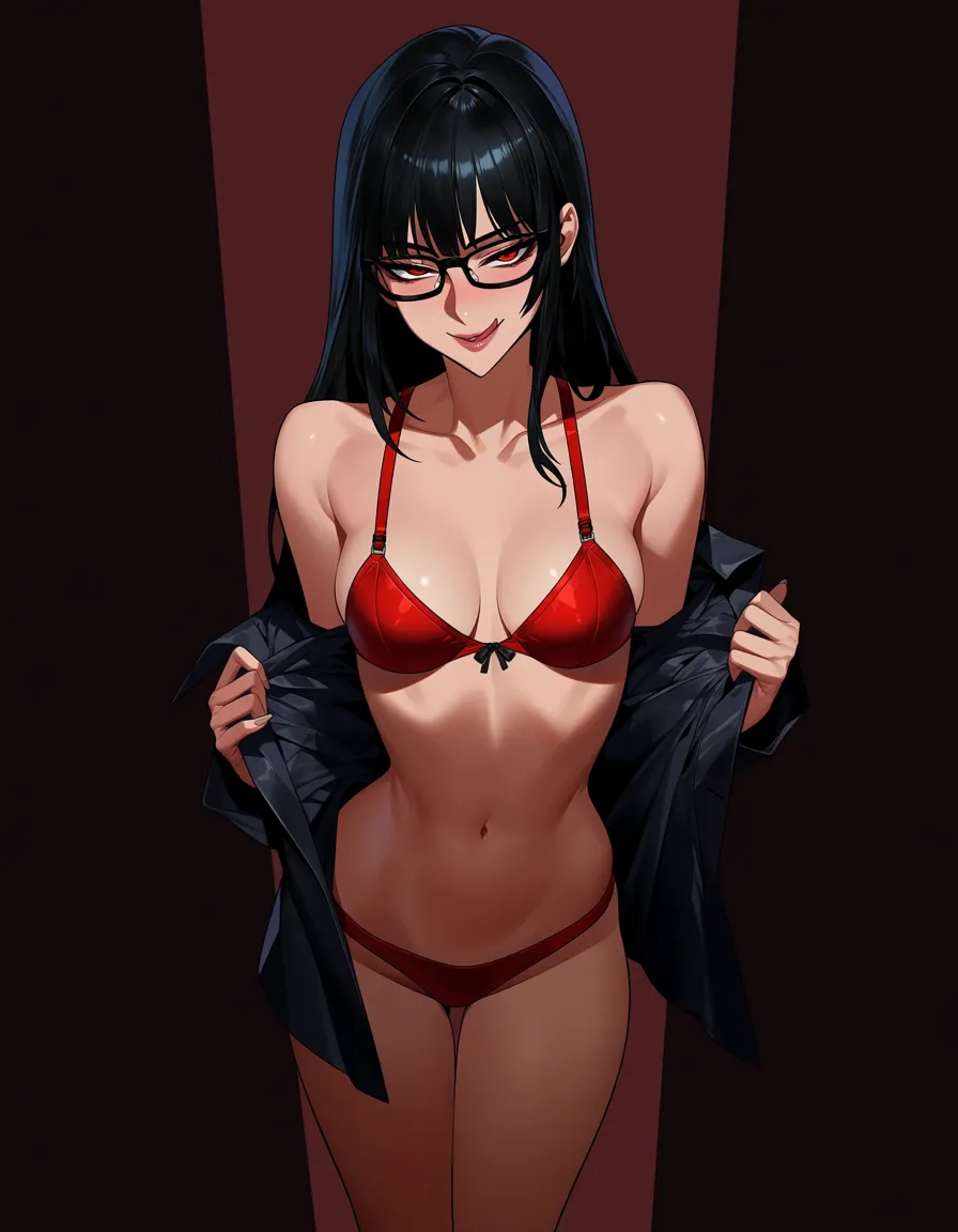 @blake_belladonna, glasses, standing in bedroom, /hentai_studio_quality, small_breasts, red_eyes, black_hair, naughty_face, undressing, hentai_studio_quality, hentai_studio_quality