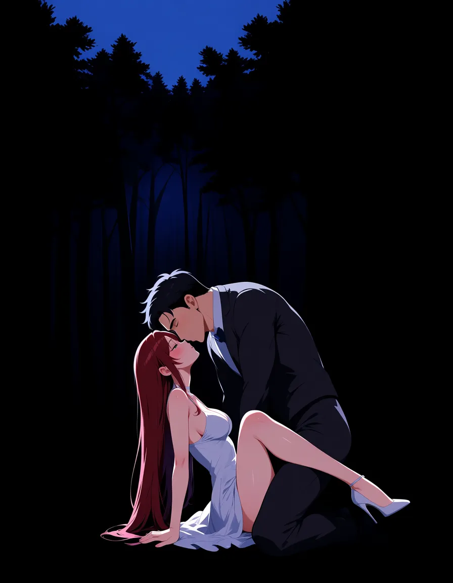 masterpiece, fine detail, couple, cleavage, dress, missionary, tree, dreamy atmosphere, doujin style, hentai_studio_quality
