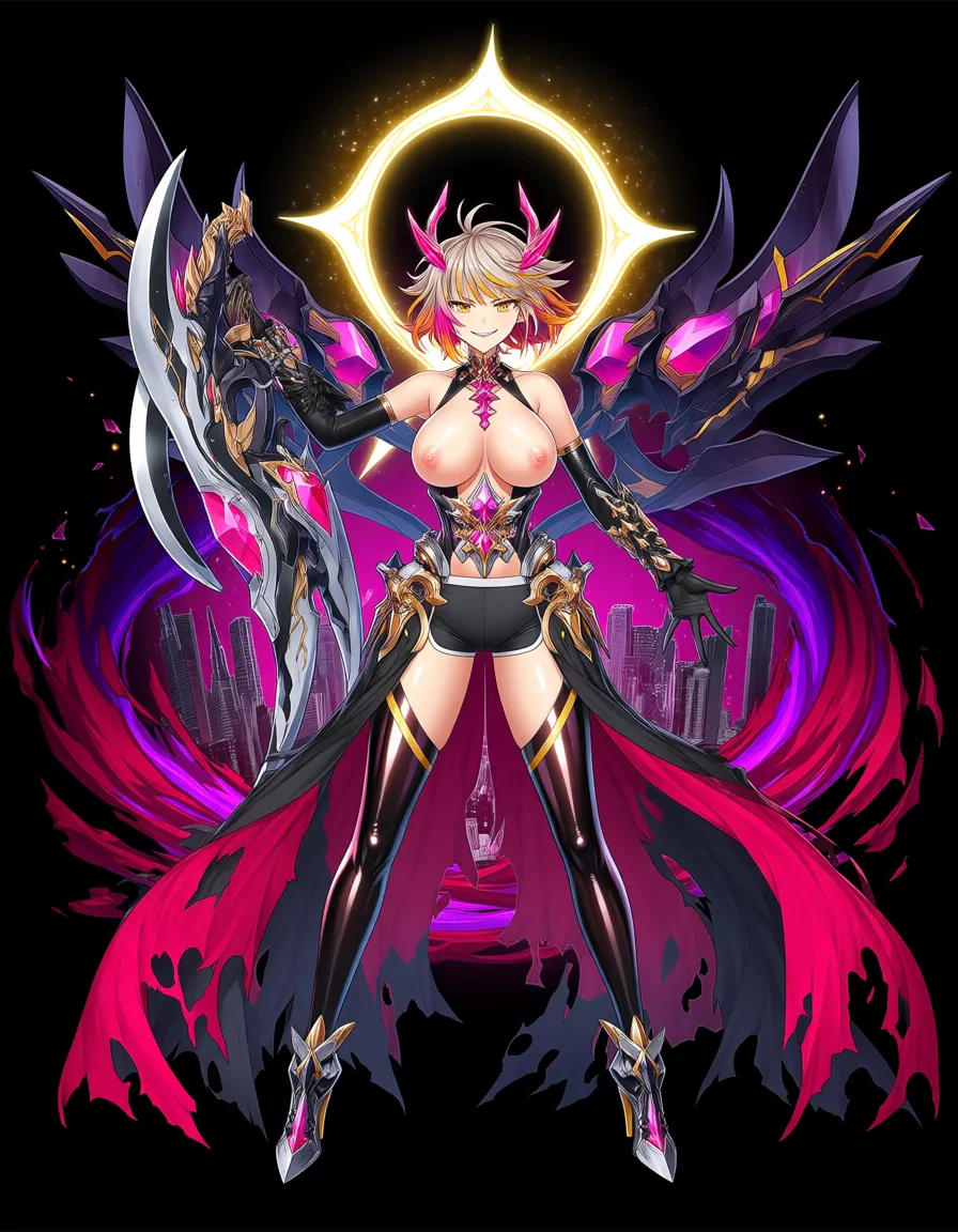 For the character in the photo wearing a tank top with an open slit and then wearing shorts aka dolphin hotpants, make her breasts a little bigger and her thighs so that the nipples are visible in her tank top.Full Character Description

She has short, tousled platinum-blonde hair with warm pink and golden-orange highlights, complemented by sharp golden eyes and a confident, almost mischievous smile. A glowing golden ring floats behind her head like a celestial halo, while dark, horn-like ornaments frame her silhouette. Her outfit consists of a sleek, form-fitting black bodysuit with glossy thigh-high sections, a sculpted corset-like torso, and an intricate magenta crystal ornament embedded in her chest. Flowing black and crimson fabric trails from her waist like torn ribbons, accented by luminous pink and gold details. One arm is covered by a long black glove extending above her elbow, while the other features dark, sharp ornamental pieces. Her legs are clad in glossy black material, finished with pointed high-heeled boots and metallic accents. She wields an enormous, ornate silver-and-black weapon resembling a demonic dragon or beast's head, decorated with glowing magenta crystals and curved, blade-like protrusions. Behind her, massive dark wings and swirling crimson, violet, and pink energy distort the surrounding space, creating the impression of a powerful, otherworldly being standing amid a shattered cityscape., hentai_studio_quality
