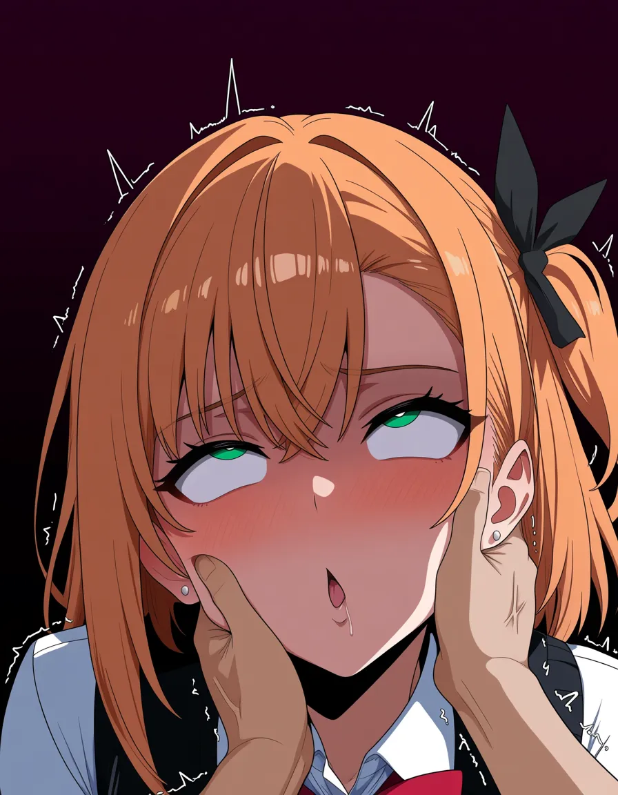 masterpiece, best quality, 2boys, bow, ahegao, smoldering look, portrait, anime style 1 female completely dominating hand_on_another's_head, hentai_studio_quality