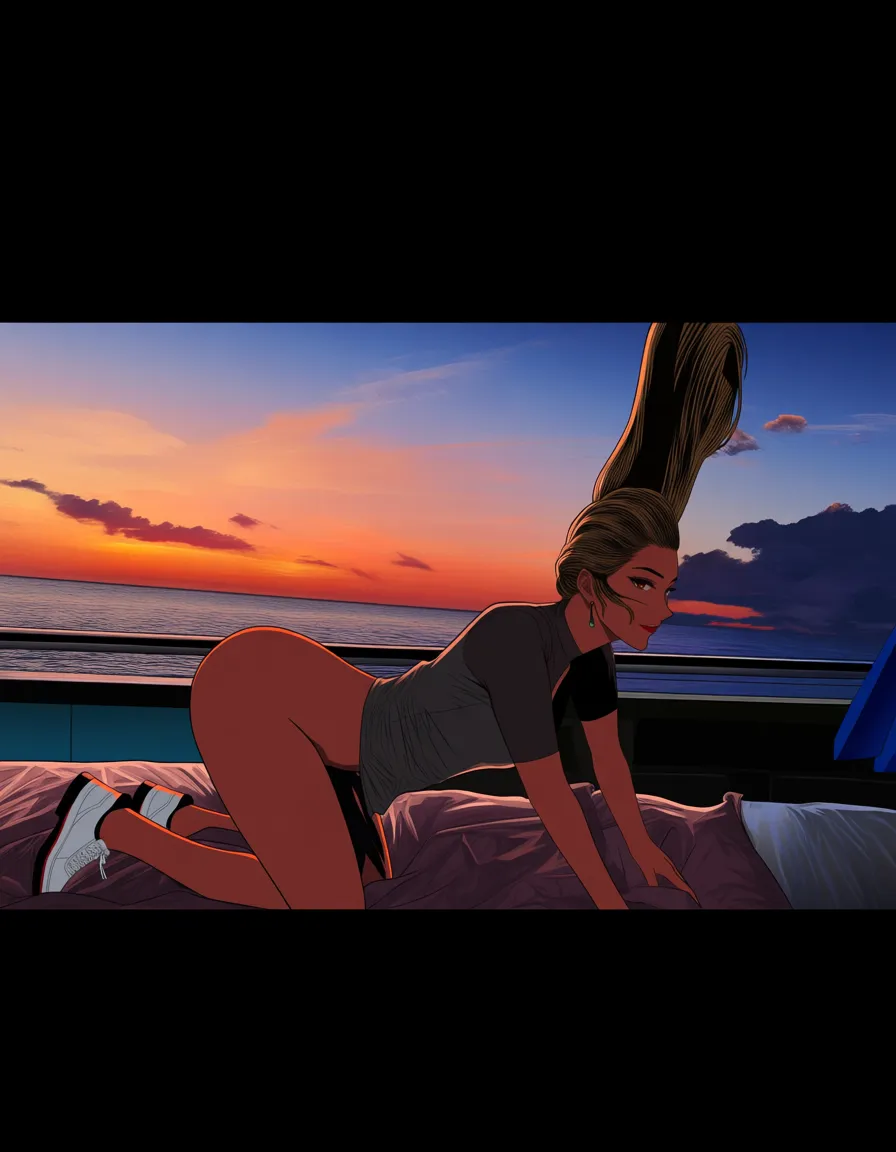 ultra detailed shading, fitness model, kneeling on bed, white footwear, ocean, detailed shading, looking at camera, doggystyle,, hentai_studio_quality