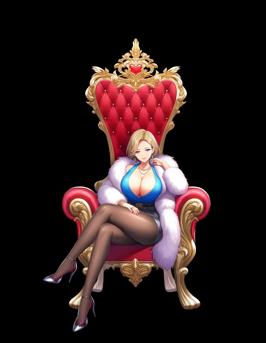 (hot busty beauty girl), 24yo supermodel LUC1LL3, short stylish hair, beauty face, huge breasts, sit seductive on a throne, fur coat, jewelry, romantic gaze, dynamic pose, sexy environment, hentai_studio_quality