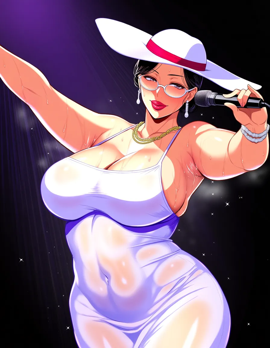 highres, vivid, mature_female huge_breasts huge_ass wide_hips white_hat sundress skin_tight curvy plump arm_up thick lips red lips sweat sweaty armpits sweaty clothes steaming_body pheromones perfume nipple_slip holding_microphone singing jazz music musical_note jazzy sultry lustful gaze glasses, jewelry, dancing, hentai_studio_quality