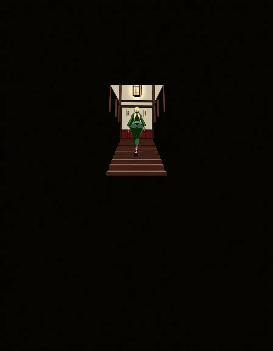 First-person point of view from Subaru Natsuki’s eyes.
Tsunade from Naruto is walking up a wooden staircase ahead, showing the way to a room inside a traditional Japanese house from Dandadan. The view is focused on her large fat ass with panties peeking as she walks up the stairs.
Simple clean anime style with bold black outlines, flat colors, and minimal shading
Tsunade has long blonde hair, very large breasts, large fat ass, and large areola. She is wearing her green jacket outfit (tight around the hips), walking up the stairs in front of the viewer.
Only Subaru’s perspective is shown — no full body of Subaru visible, just the view of Tsunade’s backside and the staircase ahead.
Wooden staircase and traditional Japanese interior with Dandadan atmosphere, soft indoor lighting, clean composition, sharp clean lines, flat vibrant colors., (anime style:1.3), 2d, anime screencap, cel shading, flat color, @00osamio00
