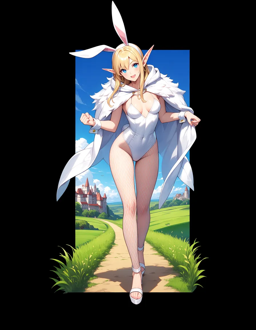 Masterpiece, Studio quality, absurdres, 8k, uhd, highly detailed, 1girl 1boy, short slim short legs, narrow_waist elf girl from World_of_warcraft, pointy ears, she has blonde simple hairs on side, she wears White bunny hood, light peach skin, blue eyes, Golden hoop_earring, she has full White single piece rabbit costume with White fishnets, white sleeves and White open toe heels, small_breasts, elf is sitting White worgen werewolf shoulders, big white worgen carrying the elf, White werewolf white worgen wears nothing but long leather waist, elf fist in the air, happy, size_difference, walking on farm Road, grass, daylight, medieval city in background,, hentai_studio_quality