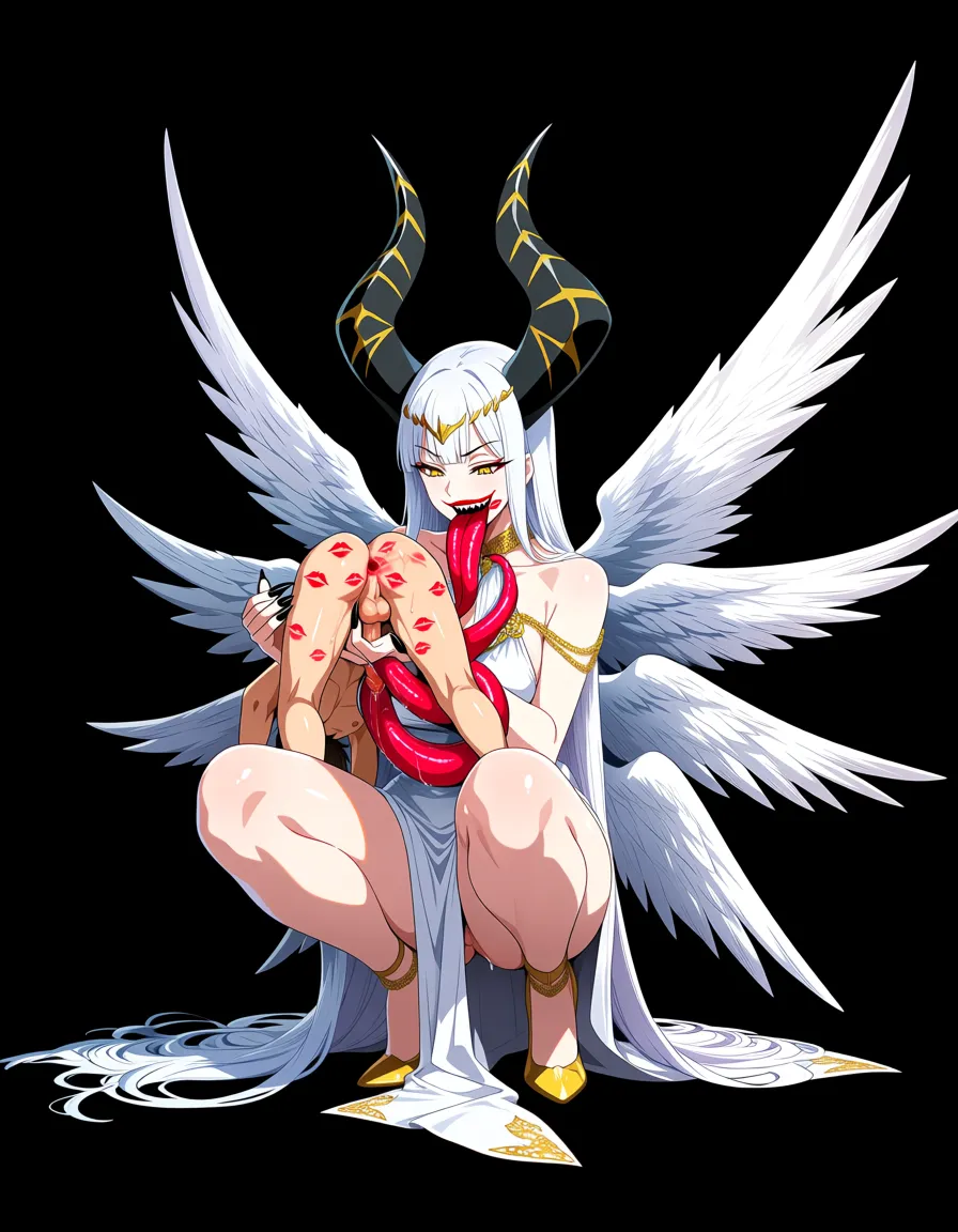 masterpiece, best quality, highly detailed, anime style, 2d,

giantess Eva, extremely tall 6 meter woman, long pure white hair, large black horns with gold cracks, six large white feathered angel wings, golden eyes, elegant white dress with gold chains and ornaments partially pulled up, long black sharp nails, tongue tattoo visible,

size difference, tiny 160cm man, small penis,

the man is in doggy position, ass raised toward the giantess, 

Eva is squatting down, lifting the small man up with one hand, her long tongue extended deep into his asshole, rimming him intensely, licking inside his anus,

bright red lipstick marks and smudges all over his asshole and surrounding skin, glossy lipstick stains,

her other hand is stroking his small cock, handjob,

extreme size difference, the man looks tiny compared to her, detailed long tongue inside the asshole, wet saliva, high detail on the rimming, lipstick, and handjob,

dramatic lighting, dark elegant background, hentai_studio_quality
